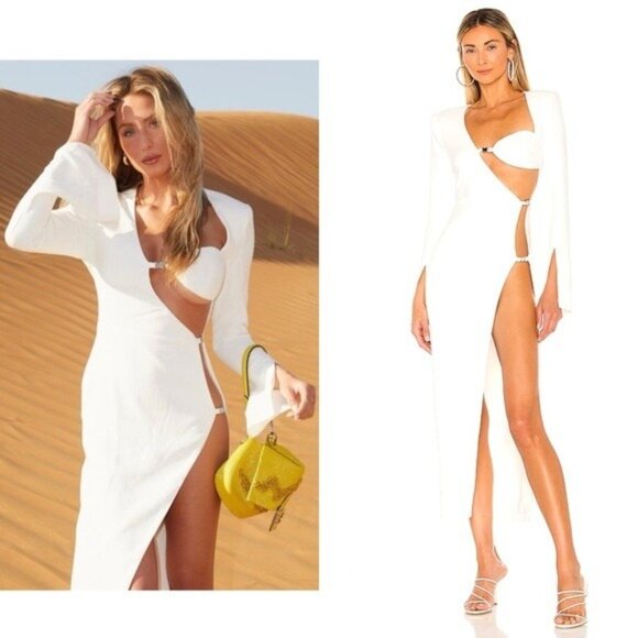 NWT NBD Senna Maxi Dress S Ivory Cutout Padded Shoulder Buckle REVOLVE - Picture 1 of 13